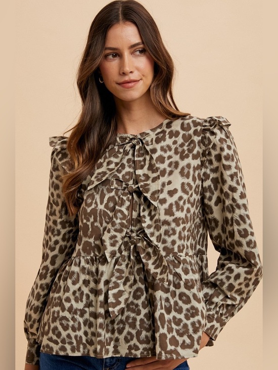 Anniewear Tops - Annie Wear Leopard Print Tie Front Peplum Blouse Brown Cream Women Size XL
